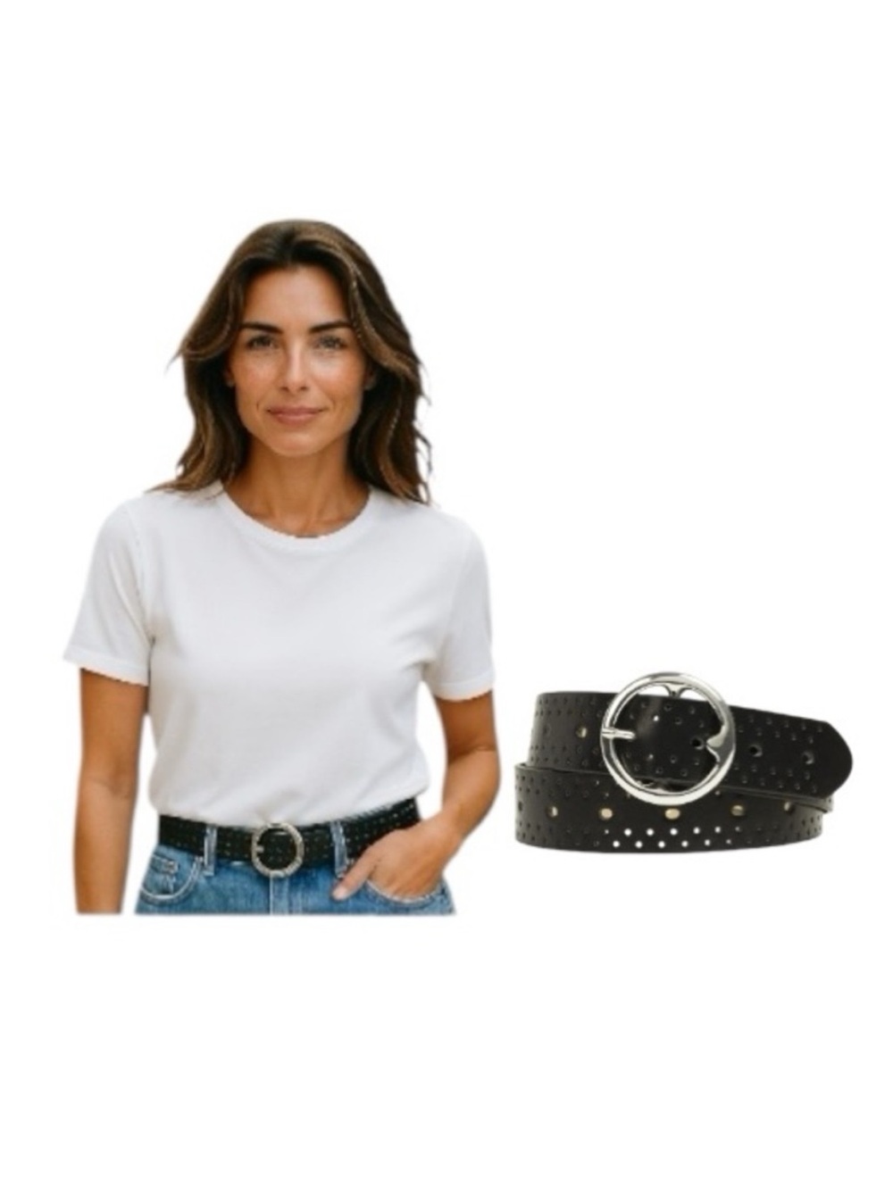 Time and Tru Black Leather Belt with Silver Tone  Buckle
